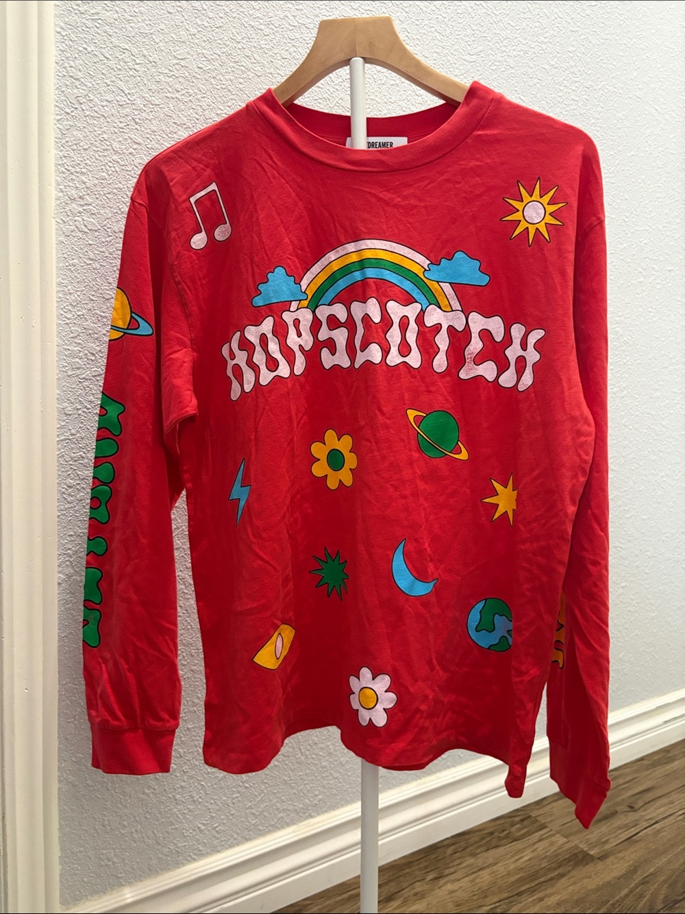Daydreamer Red 'Hopscotch' Graphic Long-Sleeve Tee with Rainbow & Icons